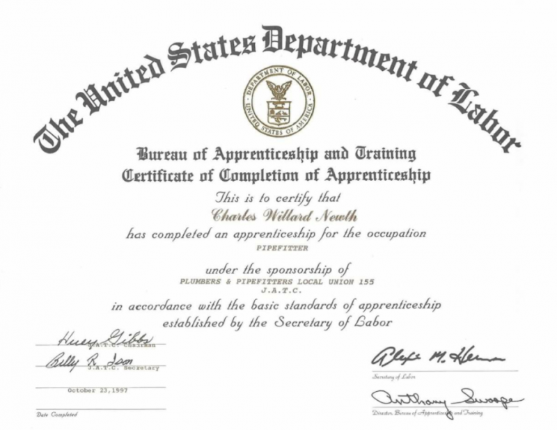 Certification of apprenticeship completion in HVAC 
